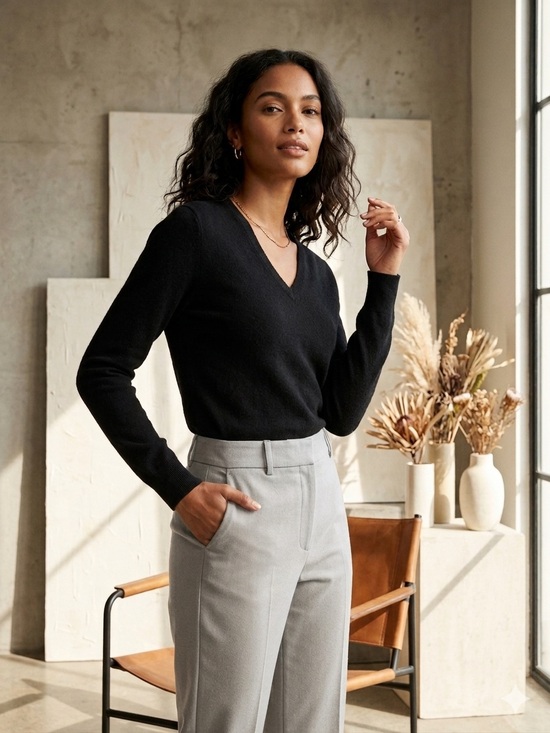 Quince Sweaters - Quince Black V-Neck 100% Cashmere Women's Sweater Quiet Luxury Old Money